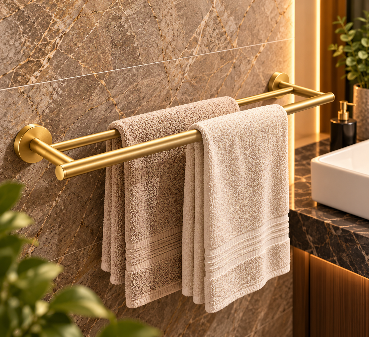 Profielenloods.nl – Dubbele Handdoekhouder Geborsteld Goud – Moderne Badkamer Handdoekhouder – Wandmontage