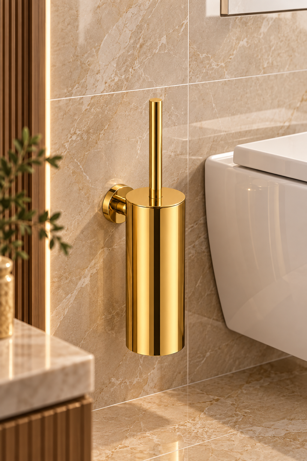 Profielenloods - Hangende WC-borstel met Houder – Glans Goud – Montage met Schroef