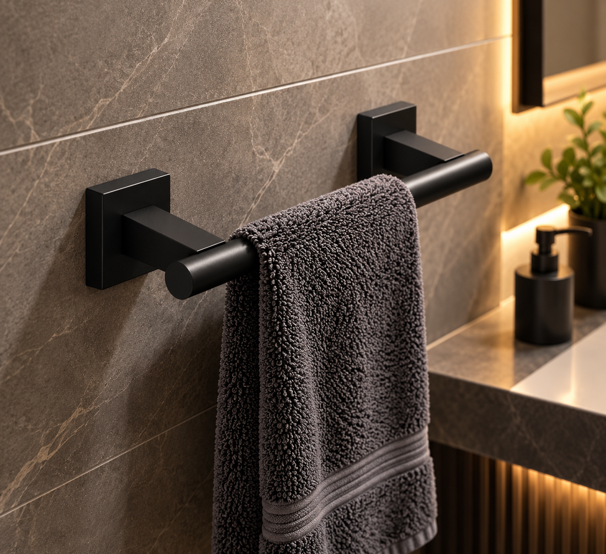 Single towel holder short - matte black - Square - screw mounting