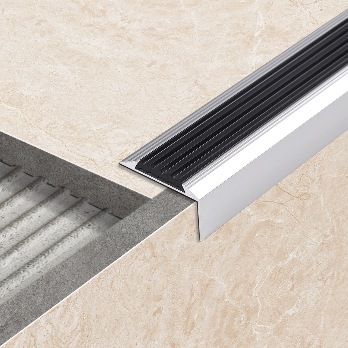 Self-adhesive stair profile with rubber mat silver - length 1.50 meters