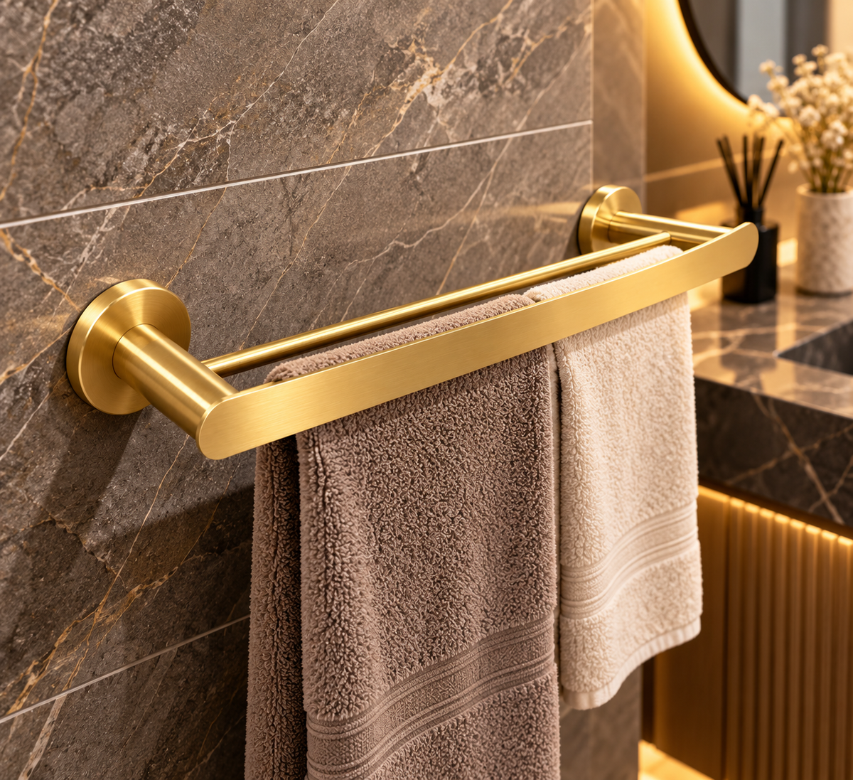 Profielenloods.nl – Handdoekhouder Dubbel Geborsteld Goud – Wandmontage